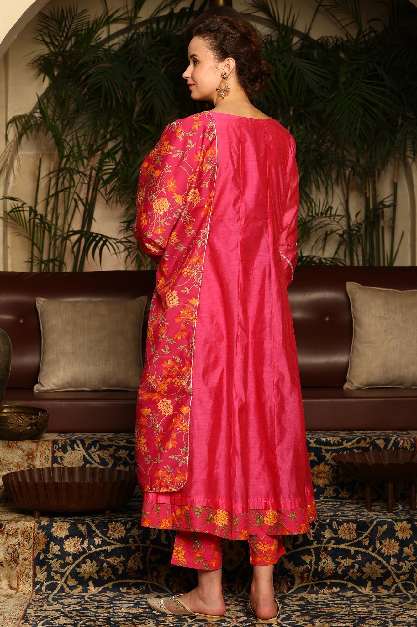 W for Woman Magenta Pink Chanderi Dori Embroidered Anarkali Kurta, Pants And Dupatta Set