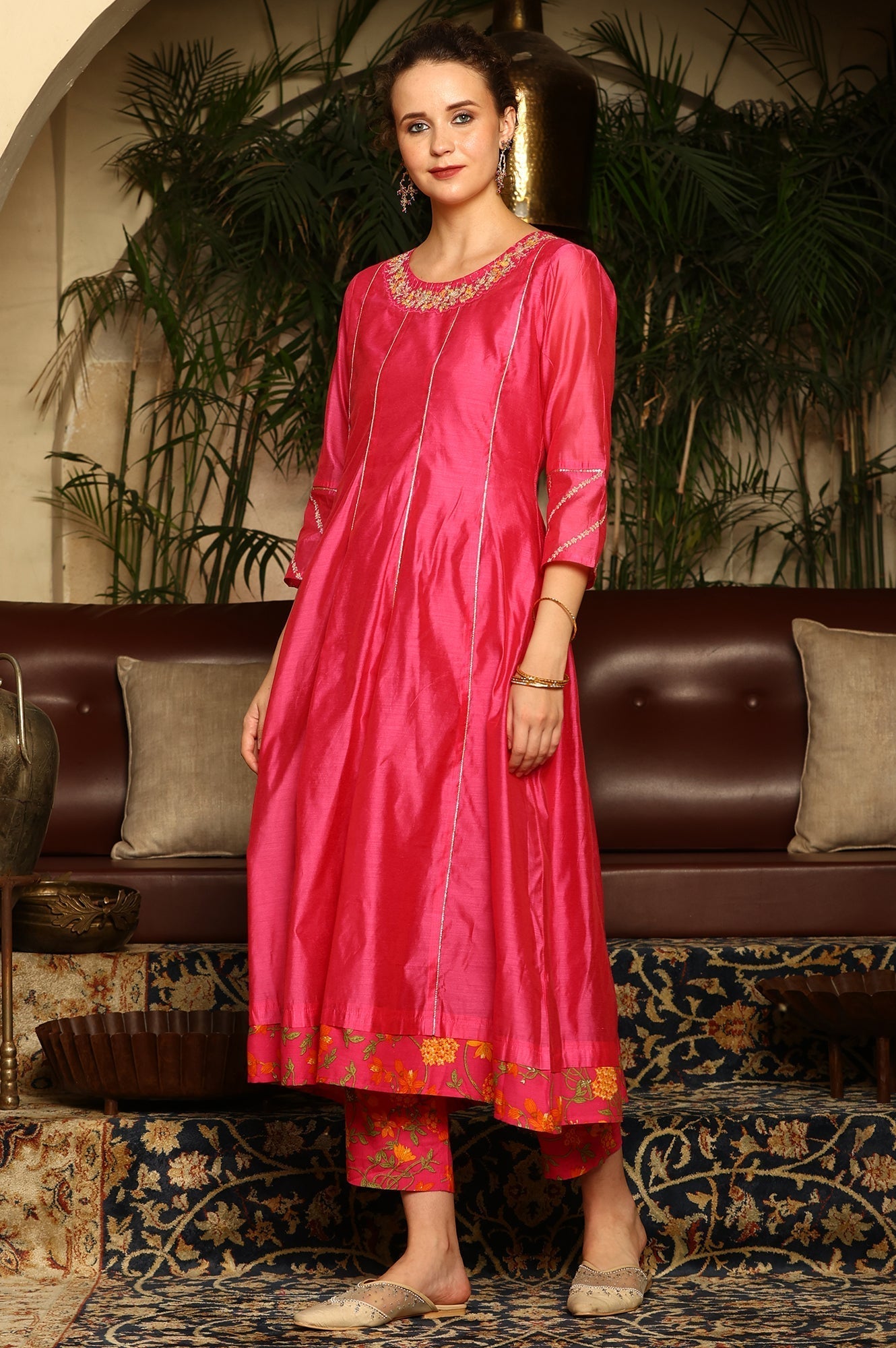 W for Woman Magenta Pink Chanderi Dori Embroidered Anarkali Kurta, Pants And Dupatta Set