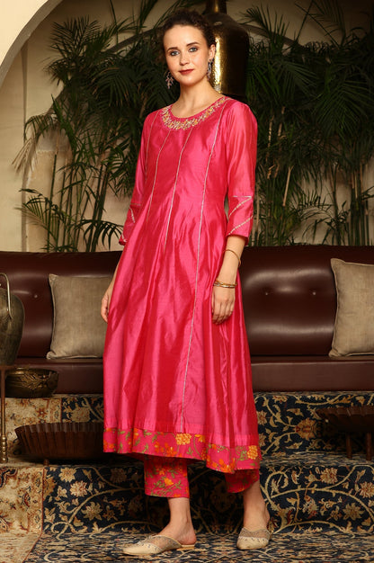 W for Woman Magenta Pink Chanderi Dori Embroidered Anarkali Kurta, Pants And Dupatta Set