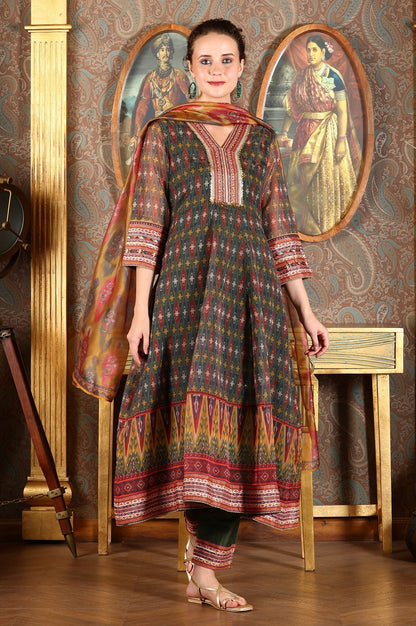 W for Woman Green Ikkat Printed Embellished Organza Anarkali Kurta, Pants And Dupatta Set