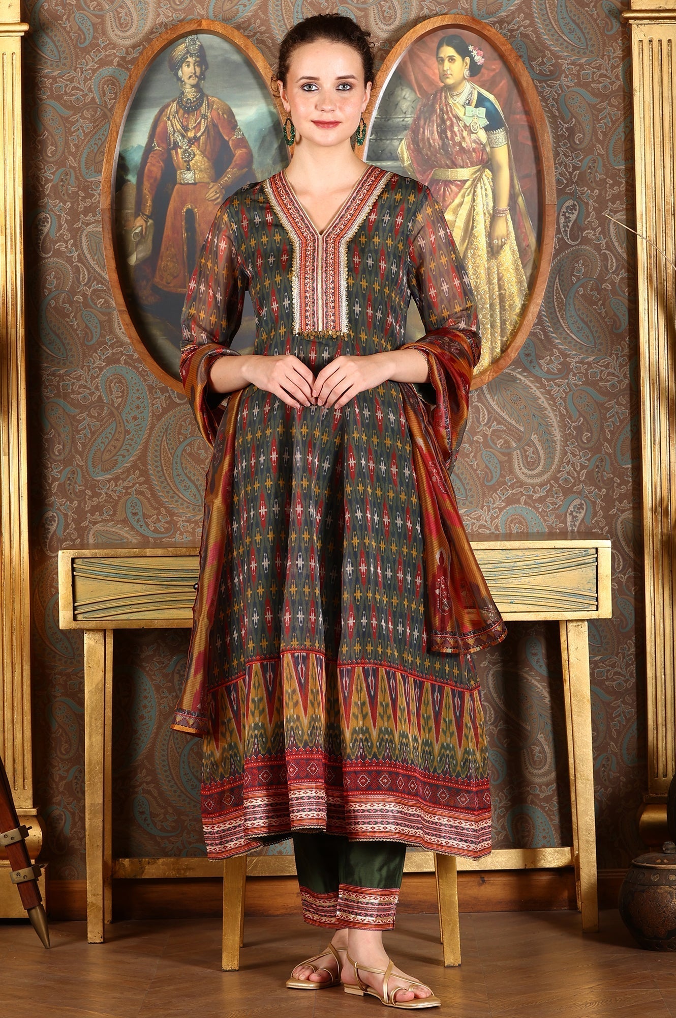 W for Woman Green Ikkat Printed Embellished Organza Anarkali Kurta, Pants And Dupatta Set