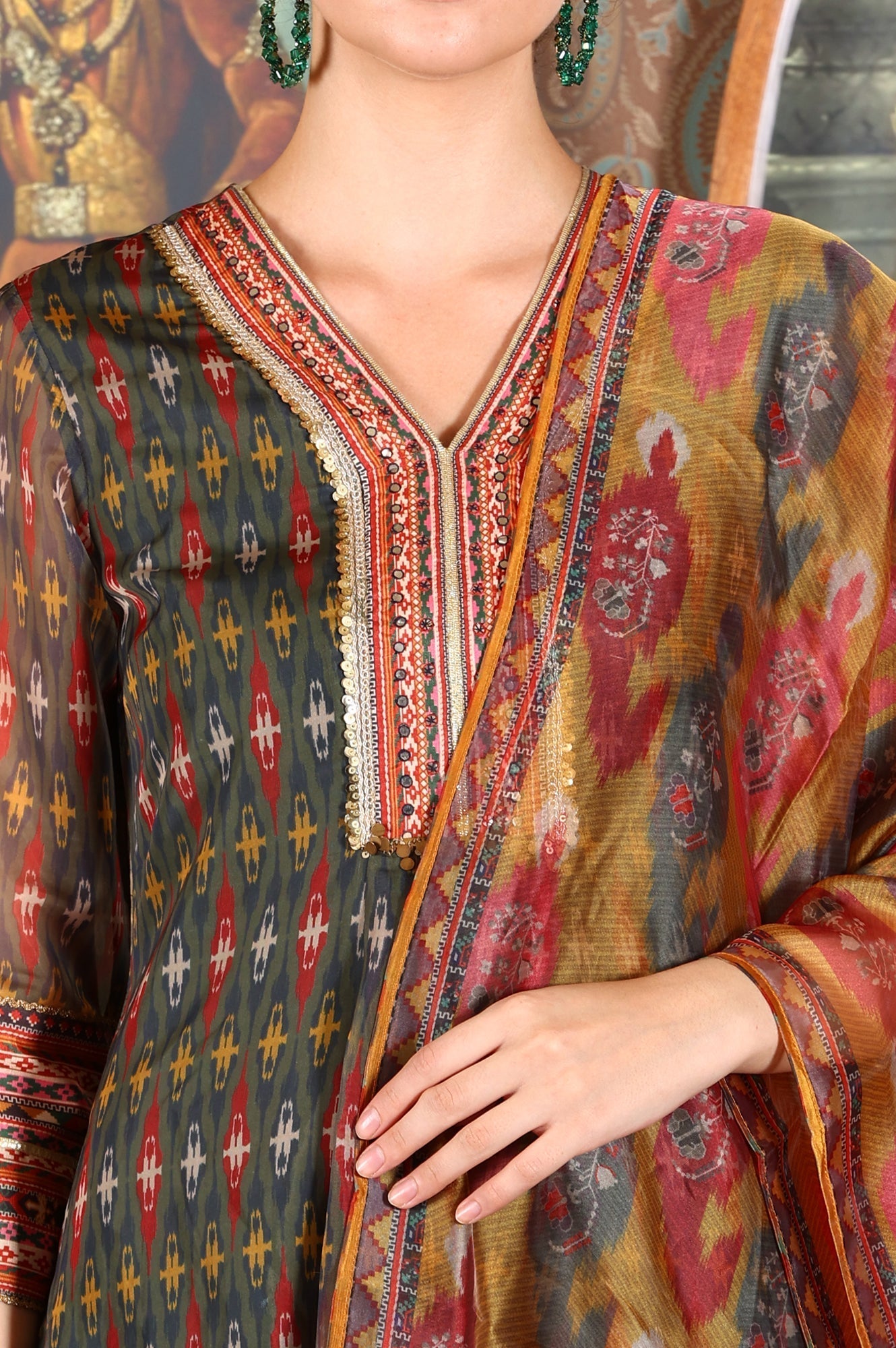 W for Woman Green Ikkat Printed Embellished Organza Anarkali Kurta, Pants And Dupatta Set