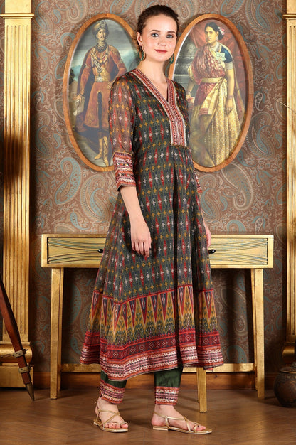 W for Woman Green Ikkat Printed Embellished Organza Anarkali Kurta, Pants And Dupatta Set