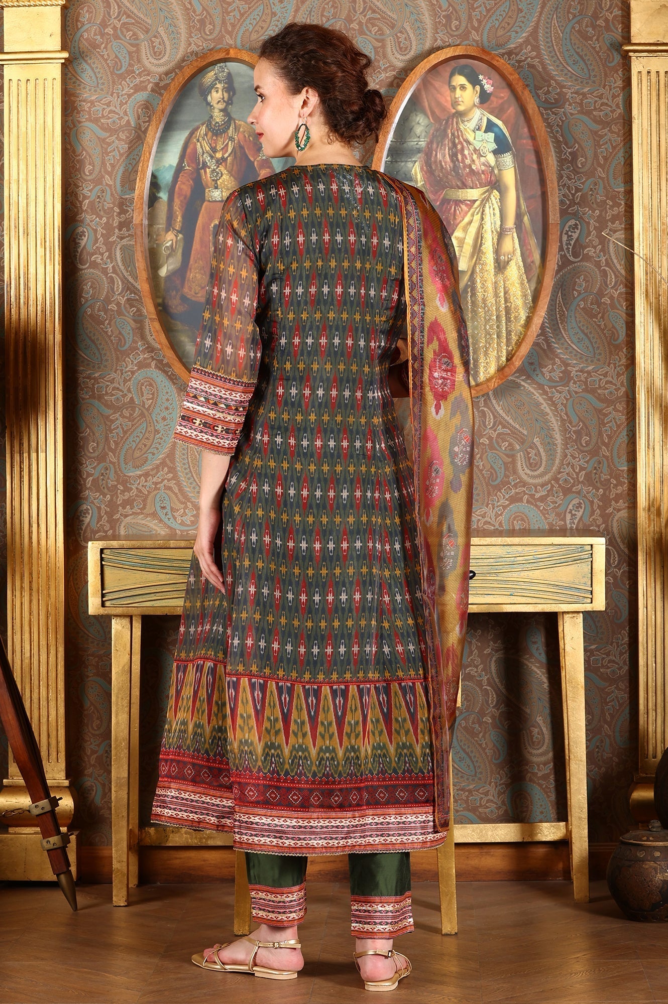 W for Woman Green Ikkat Printed Embellished Organza Anarkali Kurta, Pants And Dupatta Set
