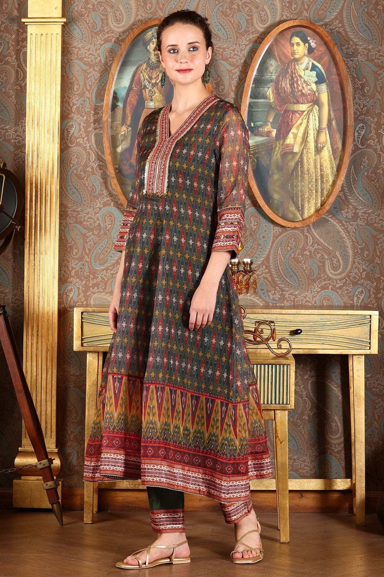 W for Woman Green Ikkat Printed Embellished Organza Anarkali Kurta, Pants And Dupatta Set