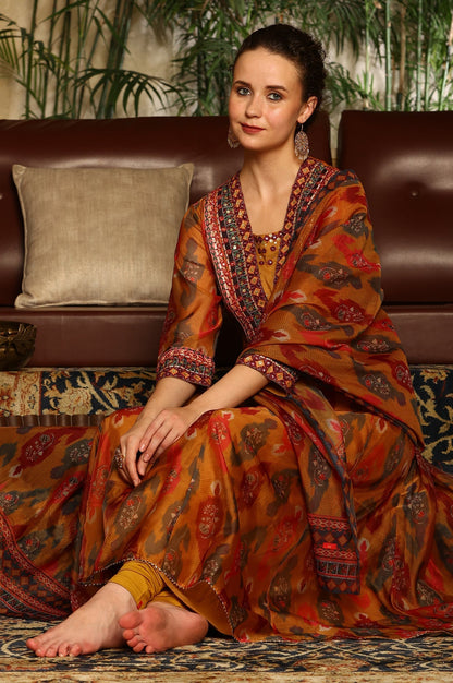 W for Woman Mustard Yellow Ikkat Printed Embellished Organza Anarkali Kurta, Churidar And Dupatta Set