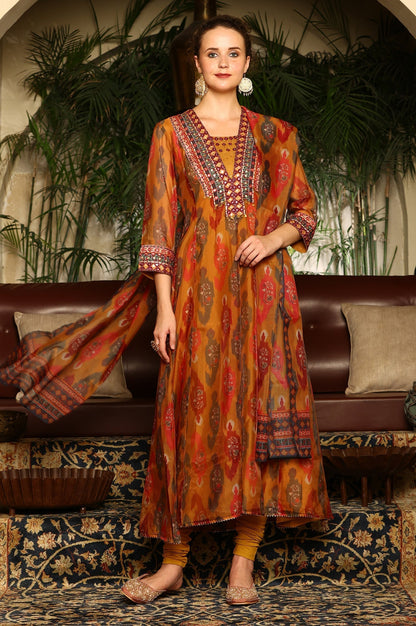 W for Woman Mustard Yellow Ikkat Printed Embellished Organza Anarkali Kurta, Churidar And Dupatta Set