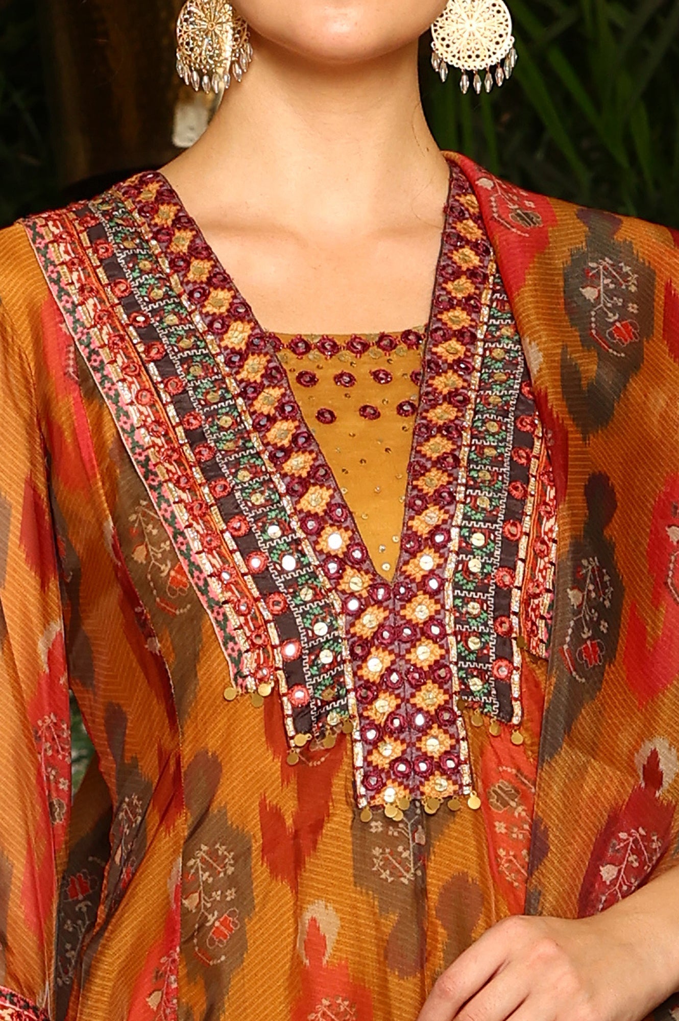 W for Woman Mustard Yellow Ikkat Printed Embellished Organza Anarkali Kurta, Churidar And Dupatta Set