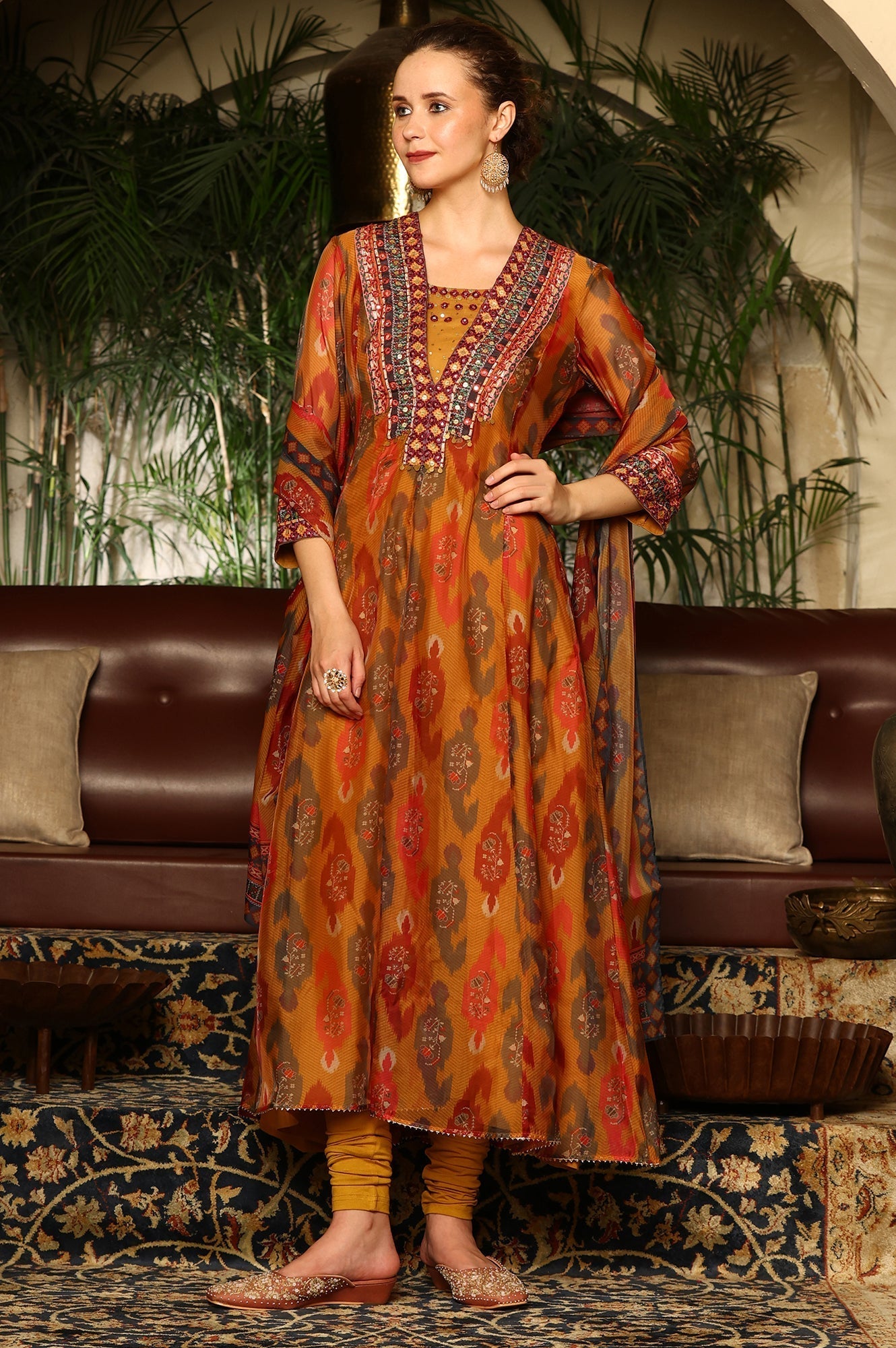 W for Woman Mustard Yellow Ikkat Printed Embellished Organza Anarkali Kurta, Churidar And Dupatta Set