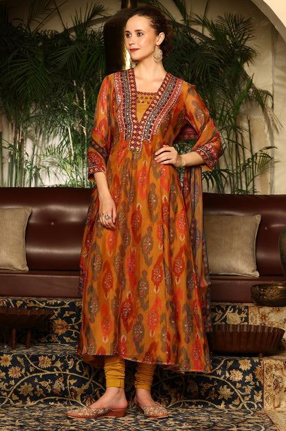 W for Woman Mustard Yellow Ikkat Printed Embellished Organza Anarkali Kurta, Churidar And Dupatta Set