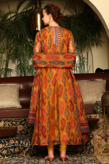 W for Woman Mustard Yellow Ikkat Printed Embellished Organza Anarkali Kurta, Churidar And Dupatta Set