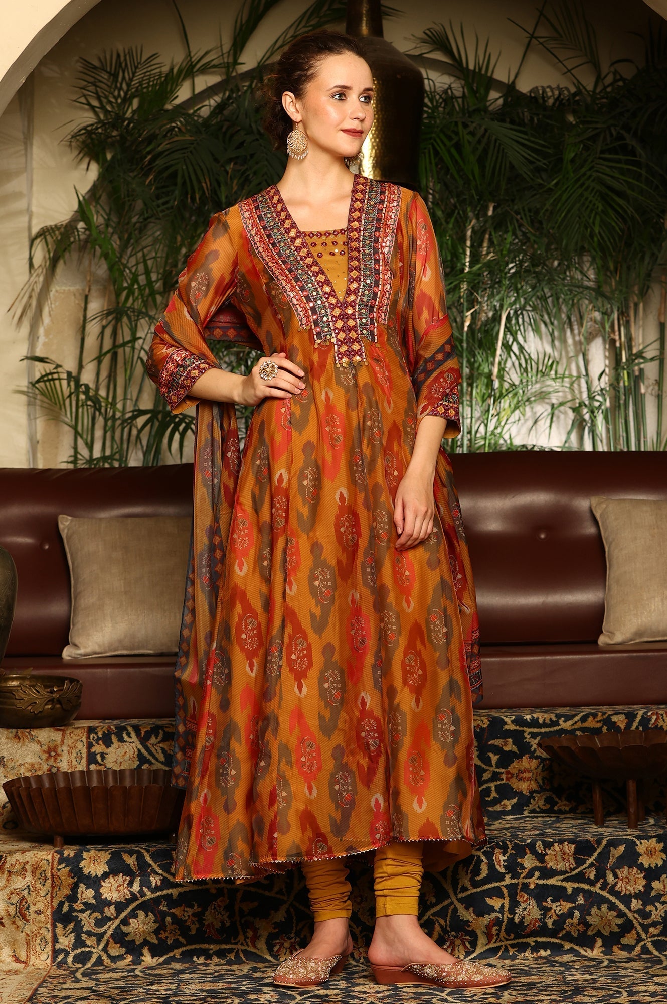 W for Woman Mustard Yellow Ikkat Printed Embellished Organza Anarkali Kurta, Churidar And Dupatta Set