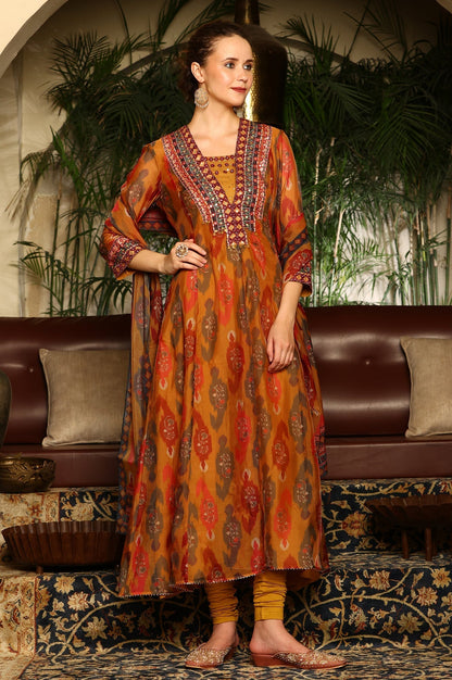 W for Woman Mustard Yellow Ikkat Printed Embellished Organza Anarkali Kurta, Churidar And Dupatta Set