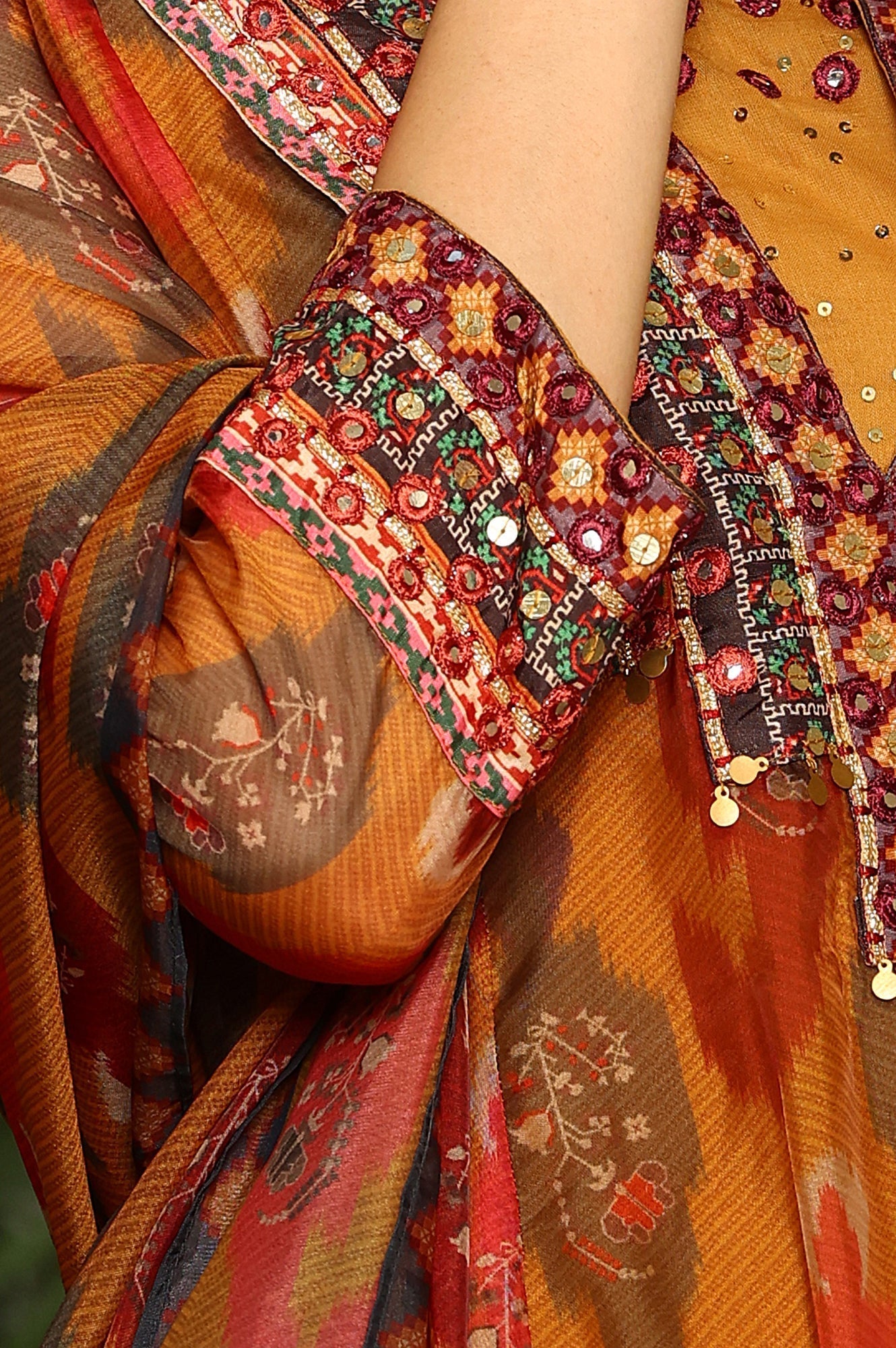 W for Woman Mustard Yellow Ikkat Printed Embellished Organza Anarkali Kurta, Churidar And Dupatta Set