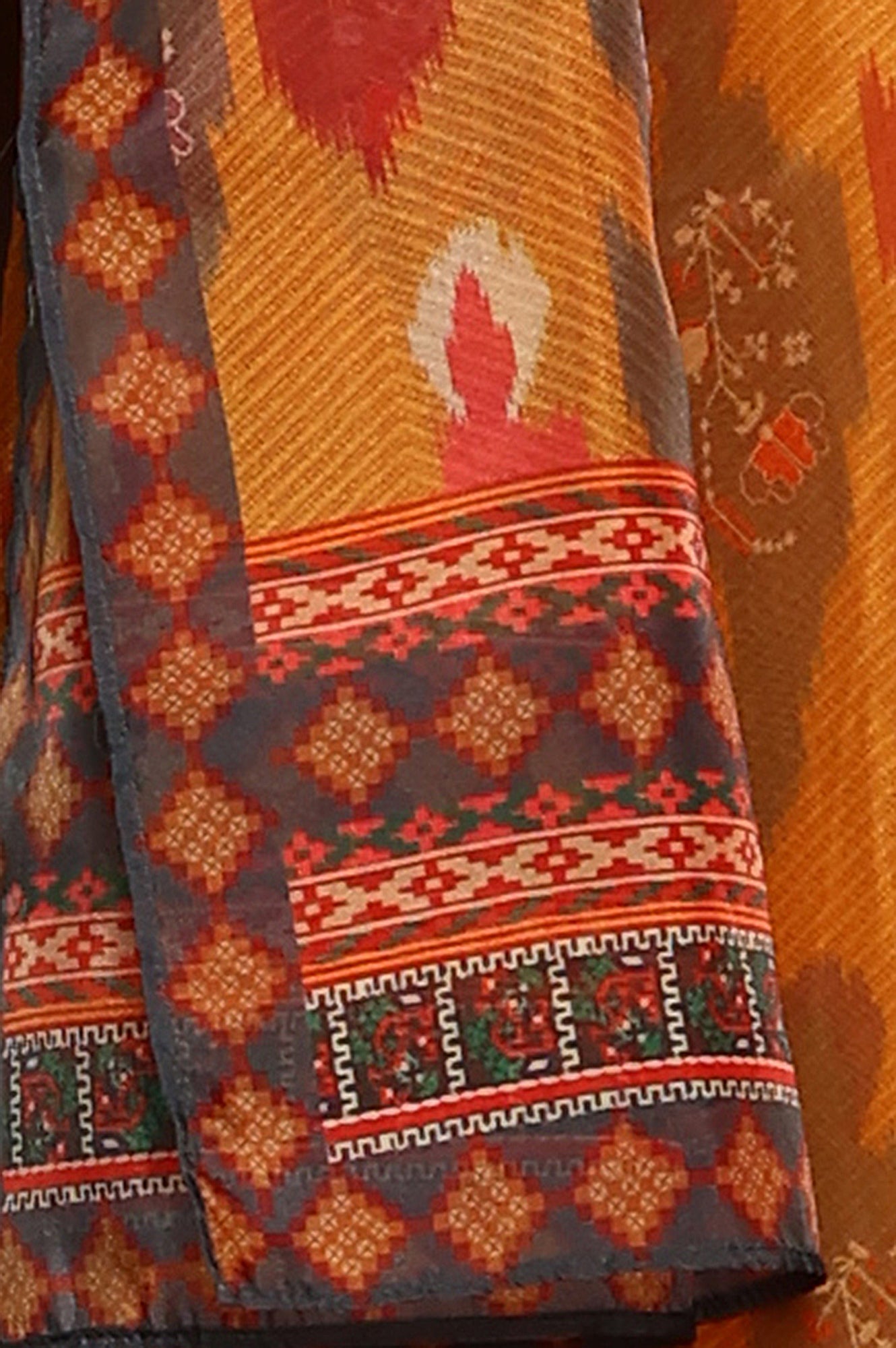 W for Woman Mustard Yellow Ikkat Printed Embellished Organza Anarkali Kurta, Churidar And Dupatta Set