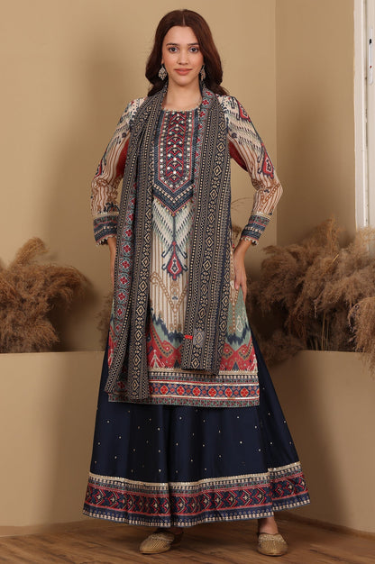 W for Woman Multi-Coloured Printed Sequined Kota Kurta, Flared Culottes And Dupatta Set