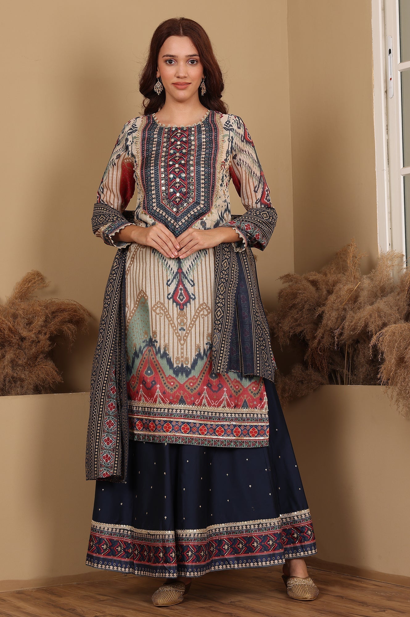 W for Woman Multi-Coloured Printed Sequined Kota Kurta, Flared Culottes And Dupatta Set
