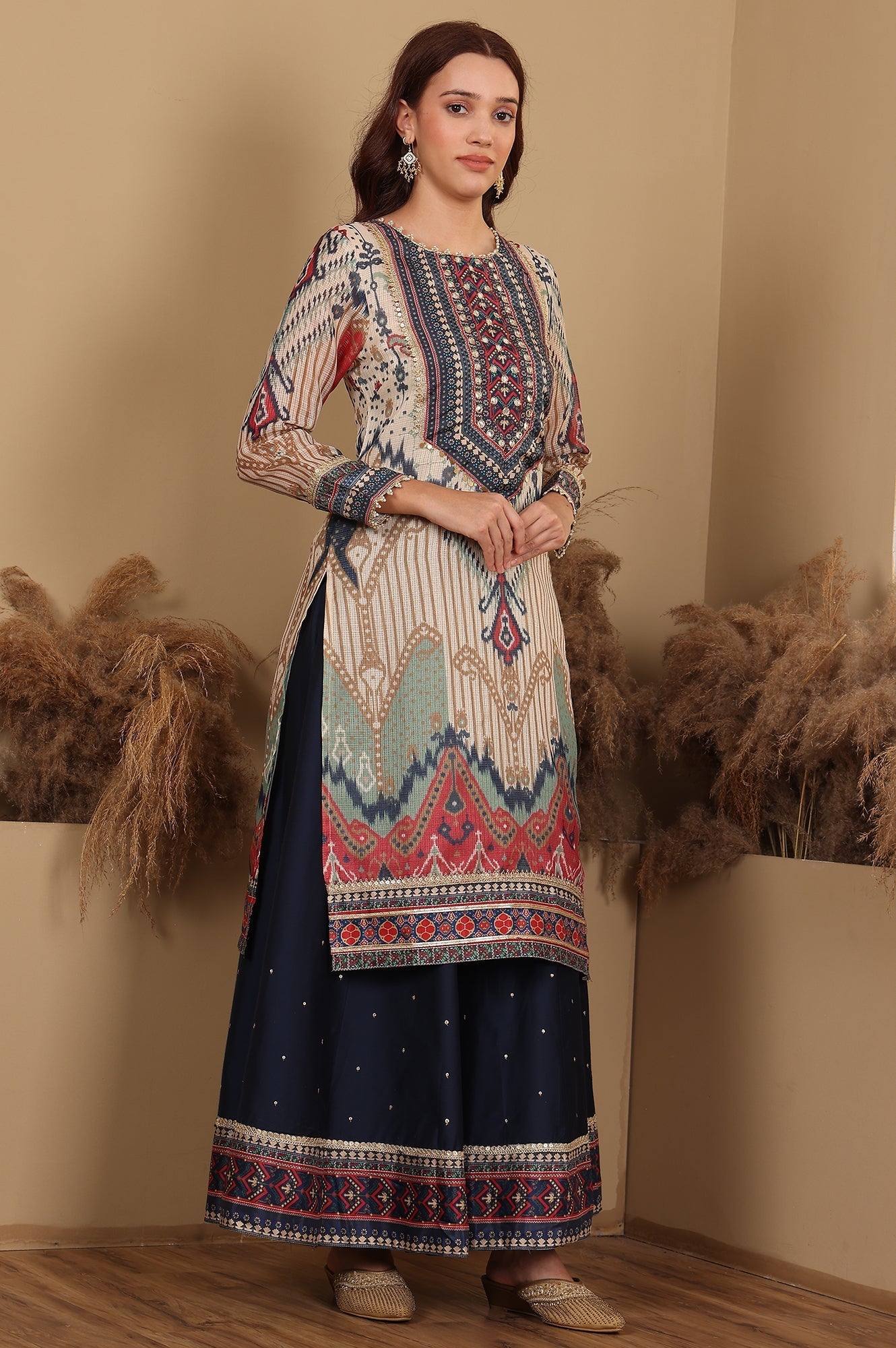 W for Woman Multi-Coloured Printed Sequined Kota Kurta, Flared Culottes And Dupatta Set
