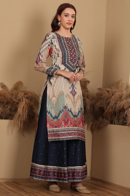 W for Woman Multi-Coloured Printed Sequined Kota Kurta, Flared Culottes And Dupatta Set