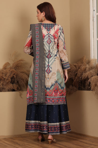 W for Woman Multi-Coloured Printed Sequined Kota Kurta, Flared Culottes And Dupatta Set