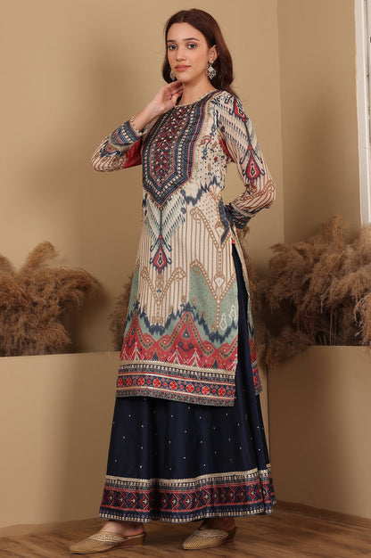 W for Woman Multi-Coloured Printed Sequined Kota Kurta, Flared Culottes And Dupatta Set