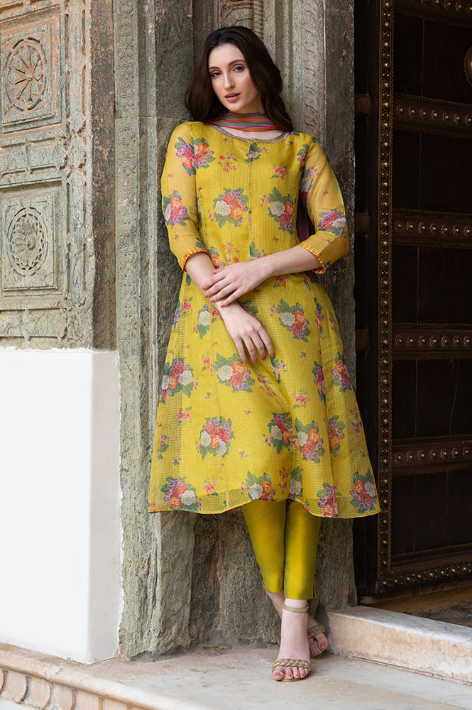 W for Woman Celery Green Floral Printed Sequined Kota Flared Kurta, Slim Pants And Dupatta Set