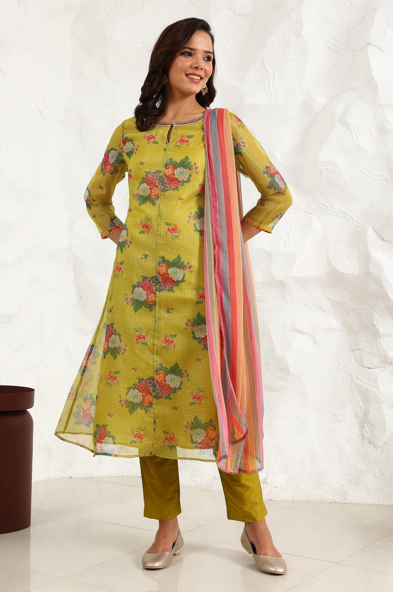W for Woman Celery Green Floral Printed Sequined Kota Flared Kurta, Slim Pants And Dupatta Set