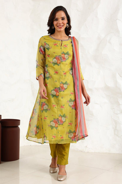 W for Woman Celery Green Floral Printed Sequined Kota Flared Kurta, Slim Pants And Dupatta Set
