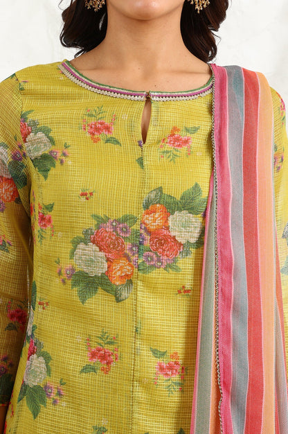 W for Woman Celery Green Floral Printed Sequined Kota Flared Kurta, Slim Pants And Dupatta Set