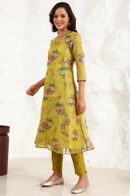 W for Woman Celery Green Floral Printed Sequined Kota Flared Kurta, Slim Pants And Dupatta Set