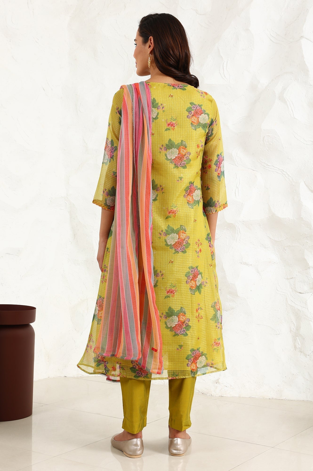W for Woman Celery Green Floral Printed Sequined Kota Flared Kurta, Slim Pants And Dupatta Set