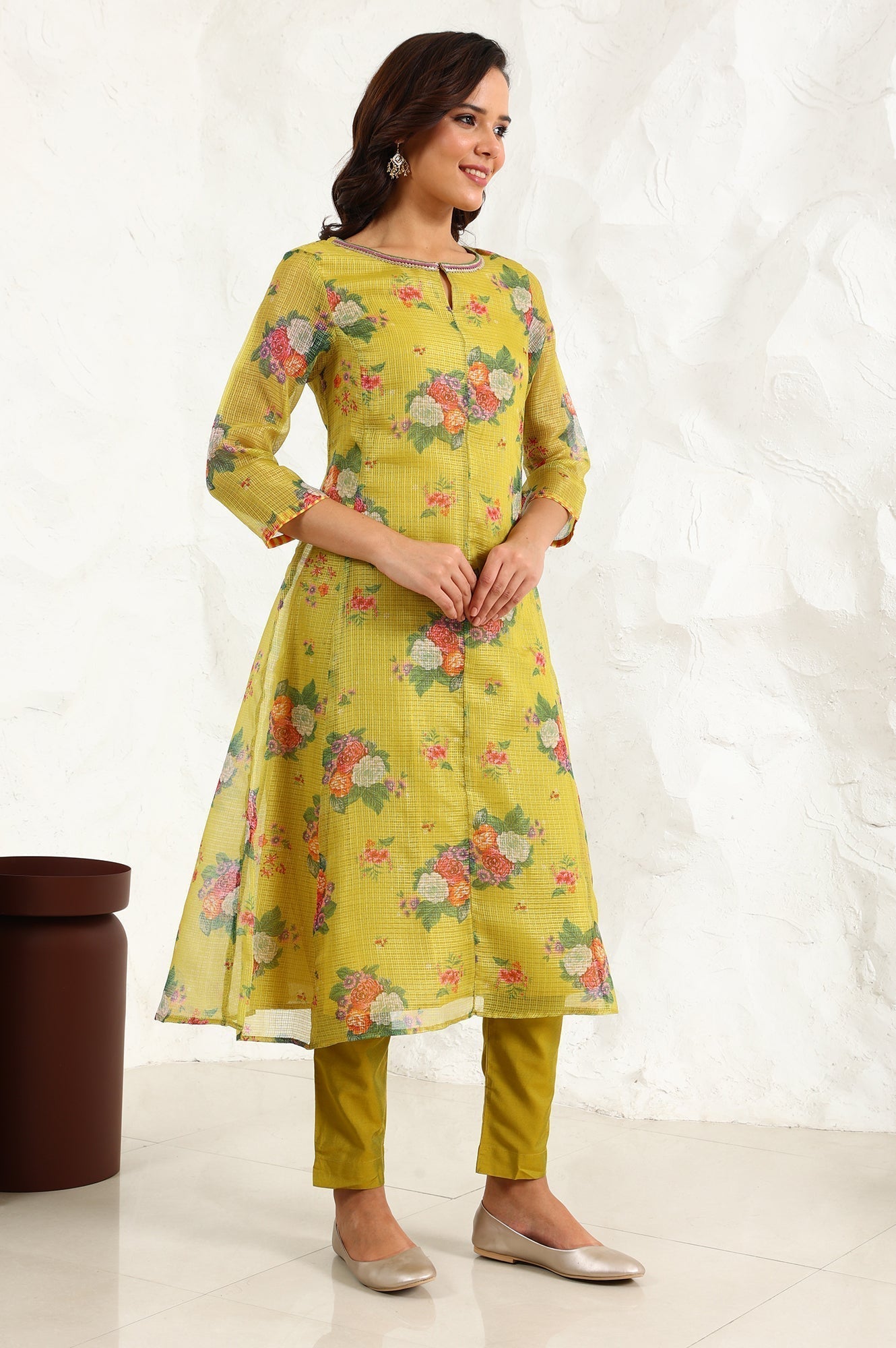 W for Woman Celery Green Floral Printed Sequined Kota Flared Kurta, Slim Pants And Dupatta Set
