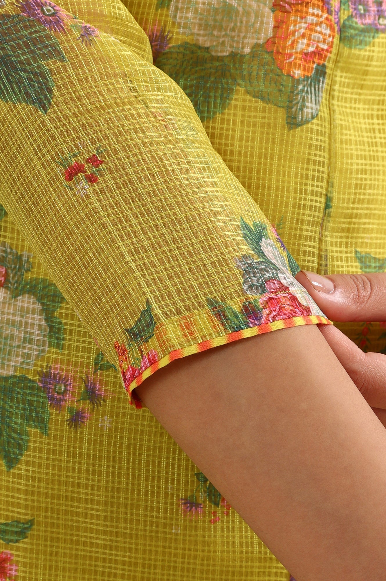 W for Woman Celery Green Floral Printed Sequined Kota Flared Kurta, Slim Pants And Dupatta Set