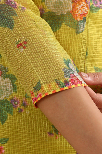 W for Woman Celery Green Floral Printed Sequined Kota Flared Kurta, Slim Pants And Dupatta Set