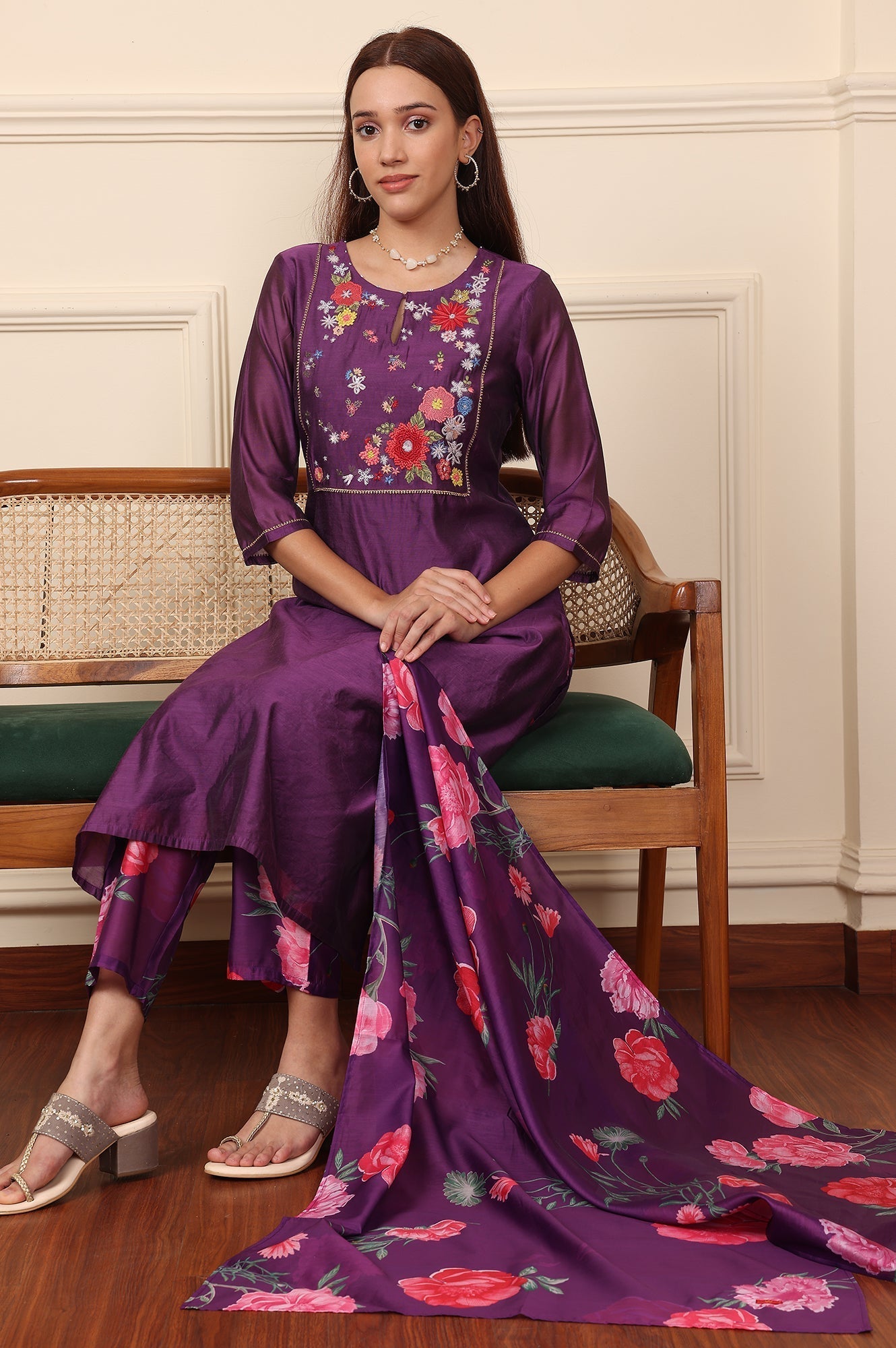 W for Woman Purple Embroidered Yoke Chanderi Kurta, Pants And Dupatta Set