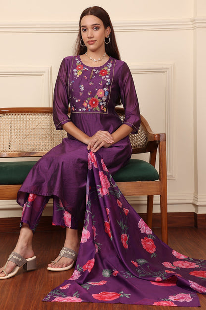 W for Woman Purple Embroidered Yoke Chanderi Kurta, Pants And Dupatta Set