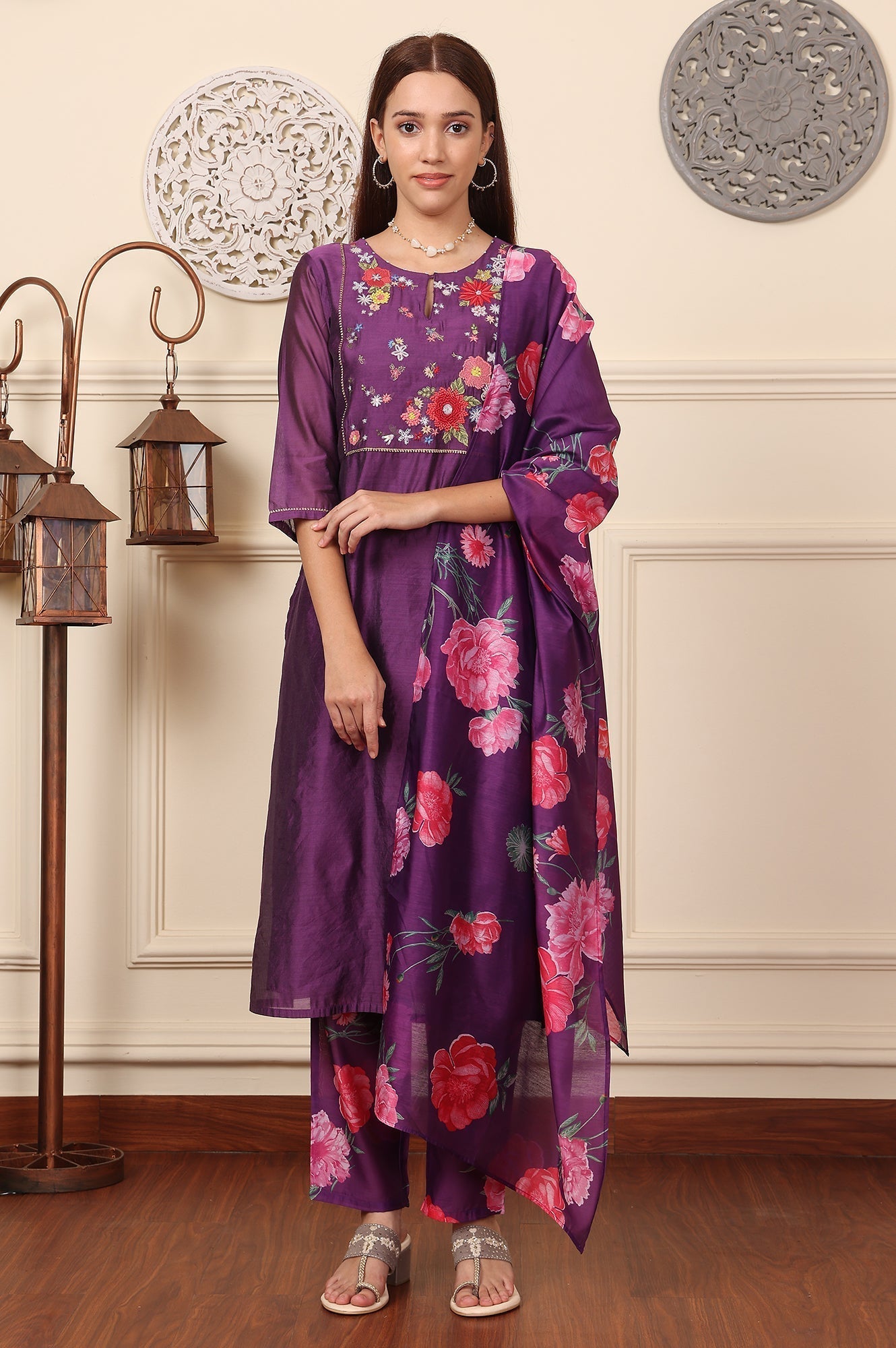 W for Woman Purple Embroidered Yoke Chanderi Kurta, Pants And Dupatta Set