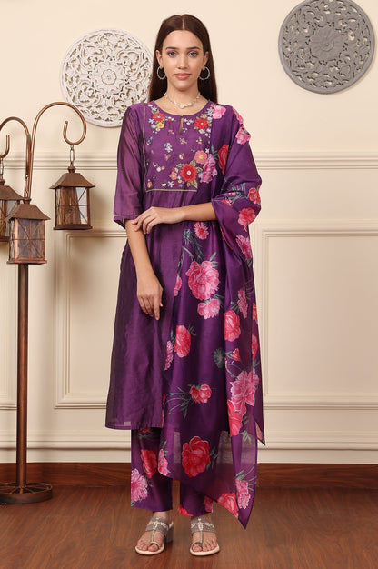 W for Woman Purple Embroidered Yoke Chanderi Kurta, Pants And Dupatta Set