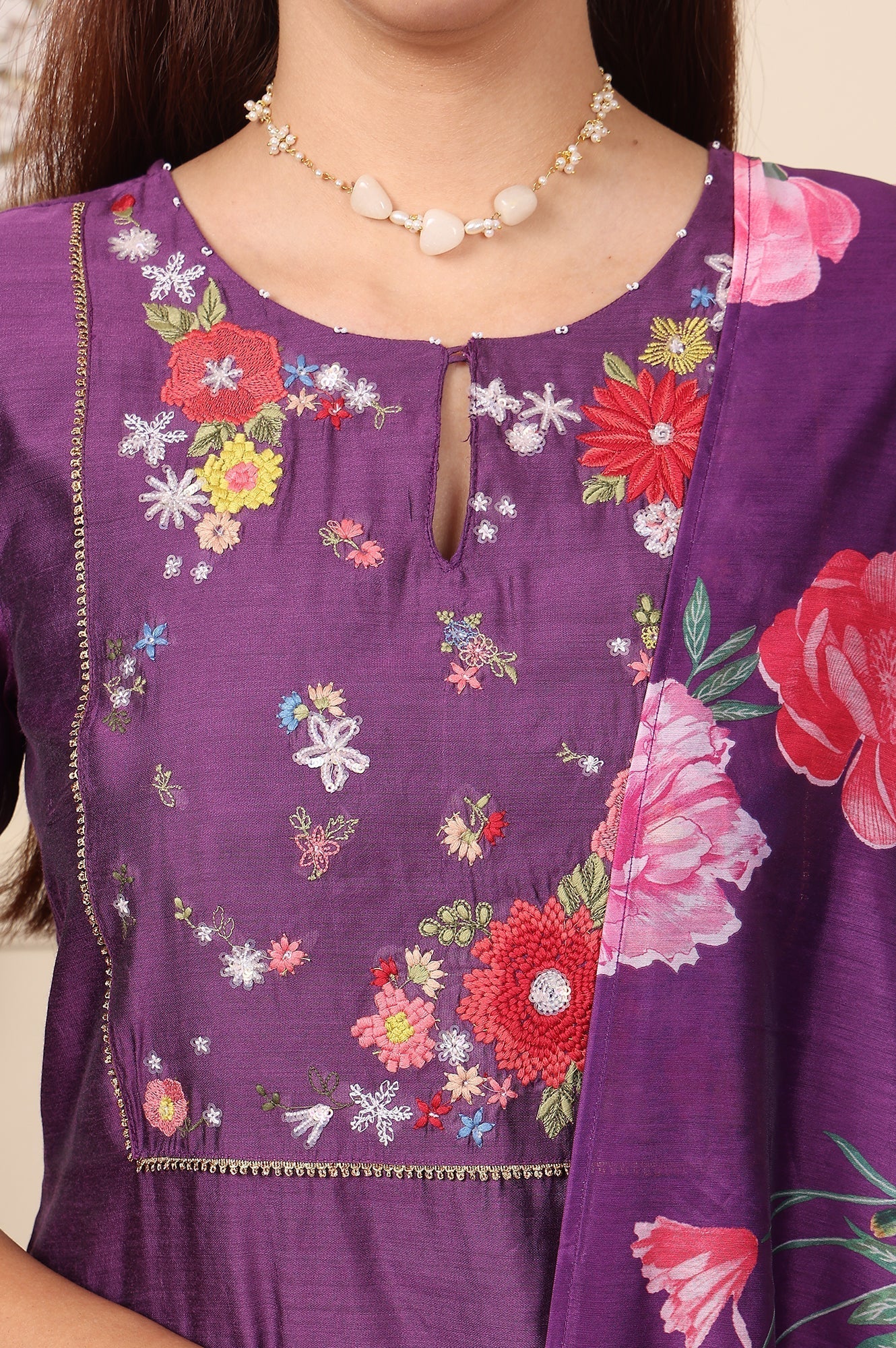 W for Woman Purple Embroidered Yoke Chanderi Kurta, Pants And Dupatta Set