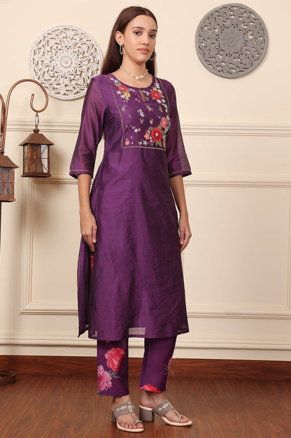 W for Woman Purple Embroidered Yoke Chanderi Kurta, Pants And Dupatta Set