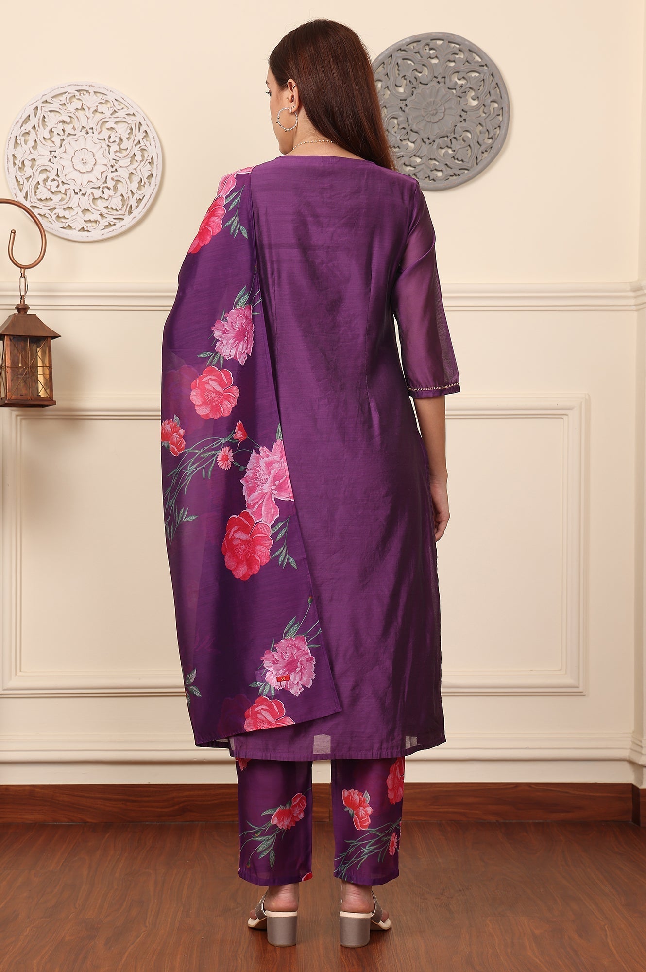 W for Woman Purple Embroidered Yoke Chanderi Kurta, Pants And Dupatta Set