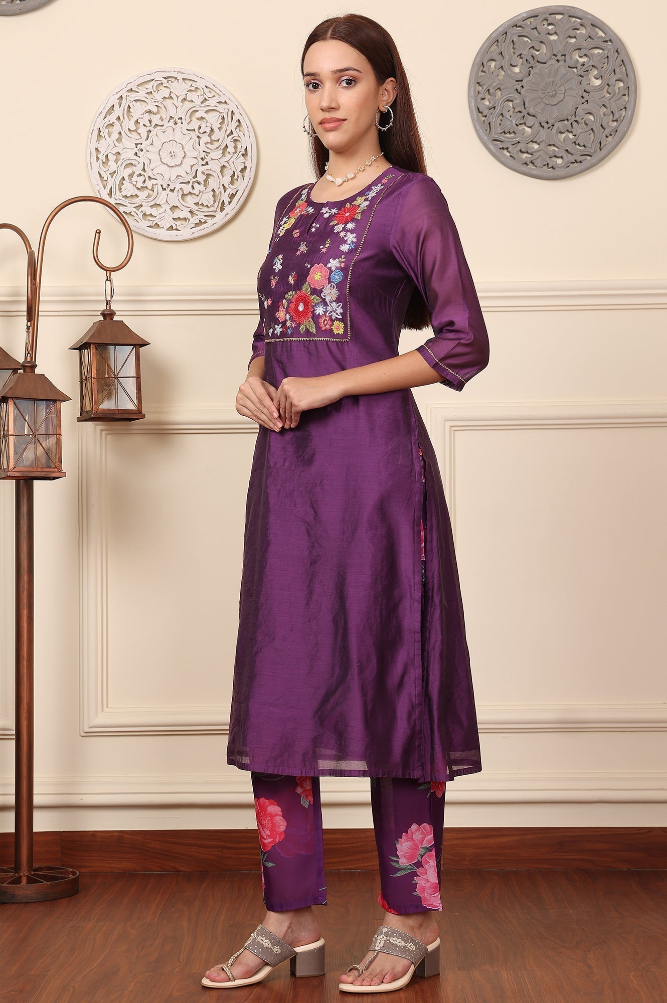 W for Woman Purple Embroidered Yoke Chanderi Kurta, Pants And Dupatta Set