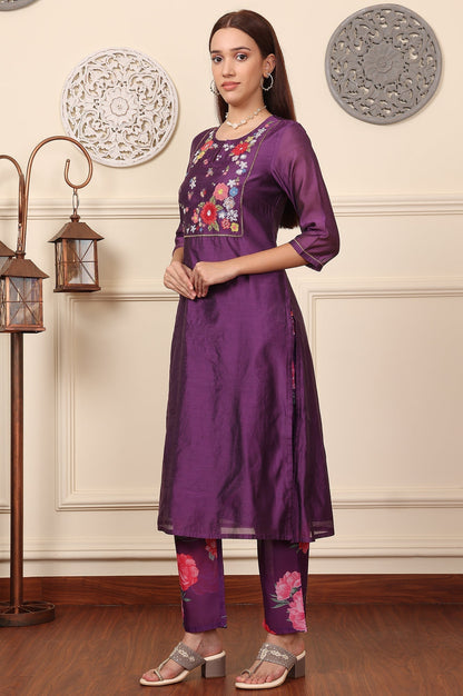 W for Woman Purple Embroidered Yoke Chanderi Kurta, Pants And Dupatta Set
