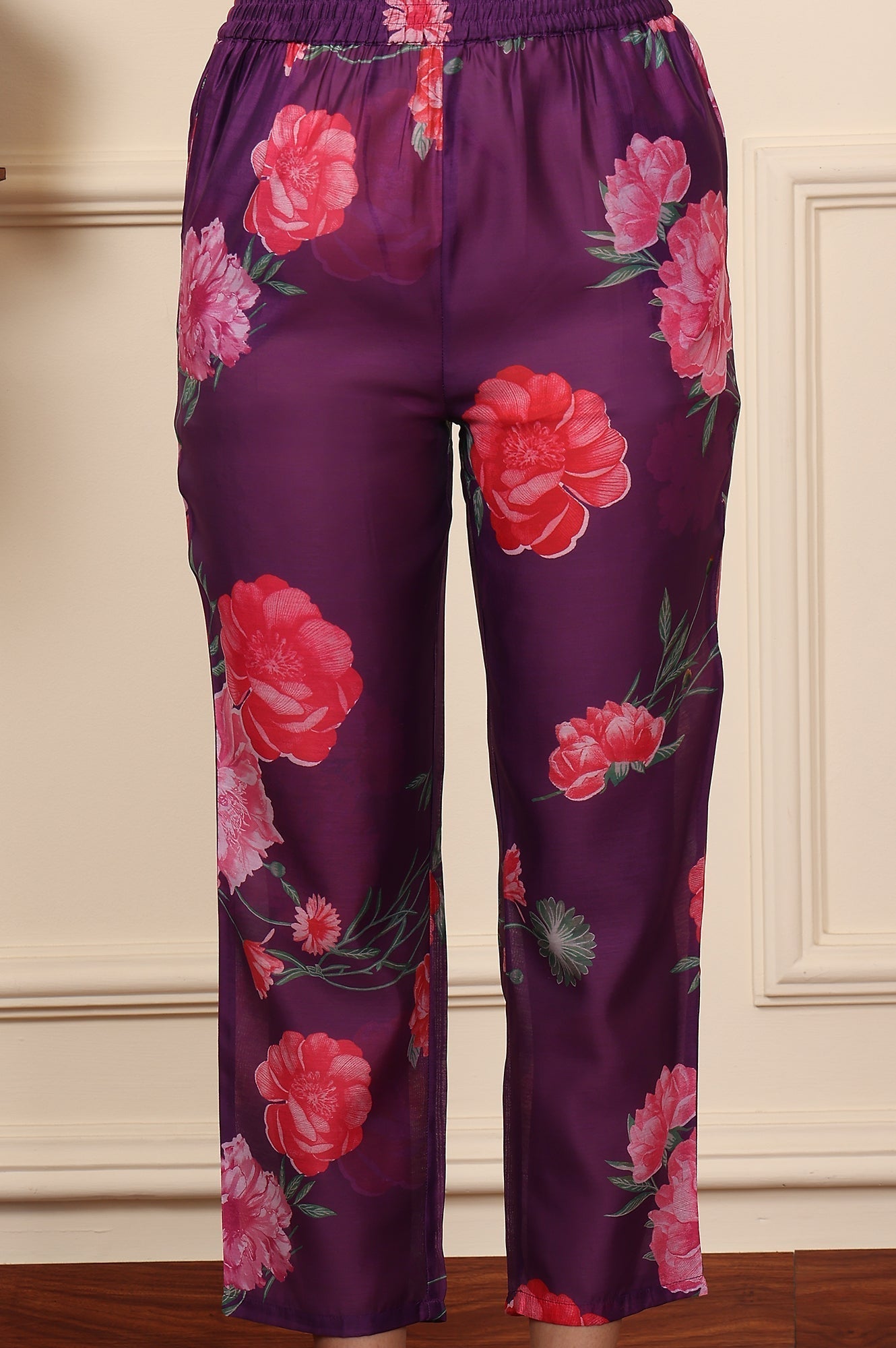 W for Woman Purple Embroidered Yoke Chanderi Kurta, Pants And Dupatta Set
