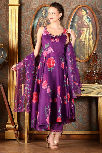 W for Woman Purple Floral Printed Sequined Circular Flared Kurta, Pants And Dupatta Set