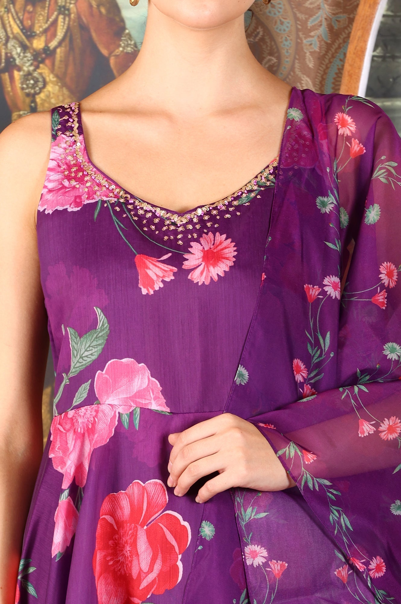 W for Woman Purple Floral Printed Sequined Circular Flared Kurta, Pants And Dupatta Set
