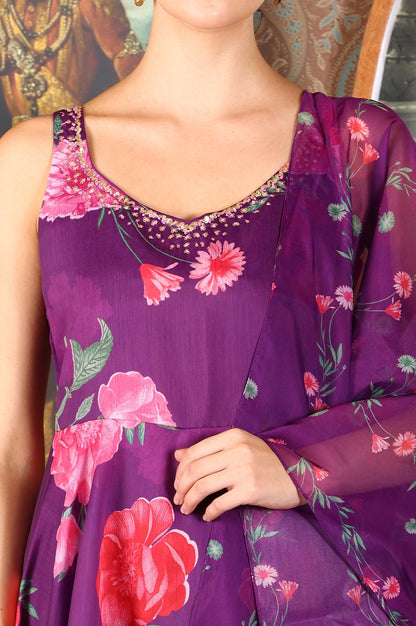 W for Woman Purple Floral Printed Sequined Circular Flared Kurta, Pants And Dupatta Set