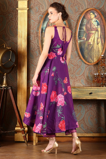 W for Woman Purple Floral Printed Sequined Circular Flared Kurta, Pants And Dupatta Set
