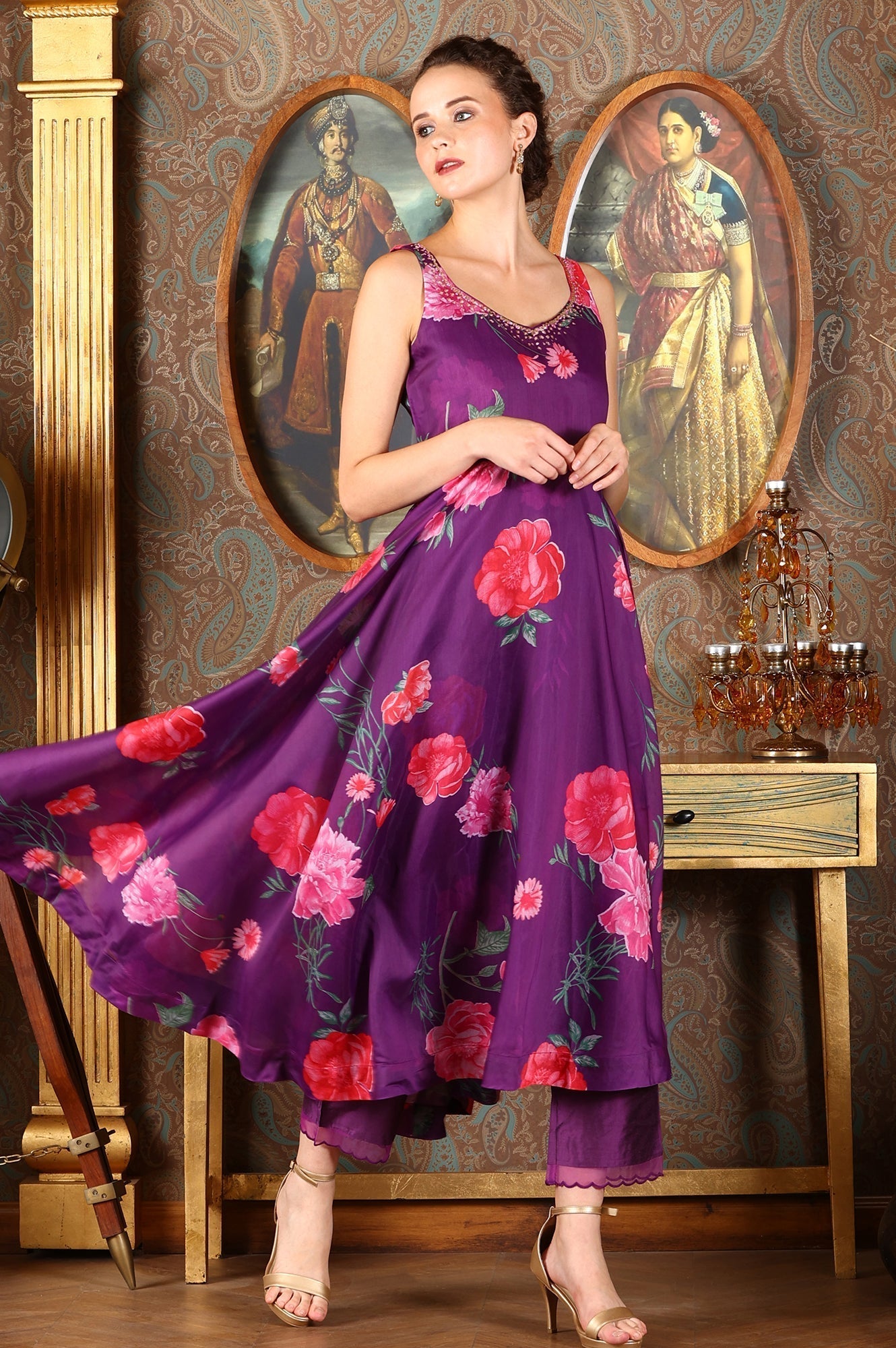W for Woman Purple Floral Printed Sequined Circular Flared Kurta, Pants And Dupatta Set