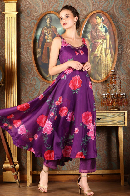 W for Woman Purple Floral Printed Sequined Circular Flared Kurta, Pants And Dupatta Set